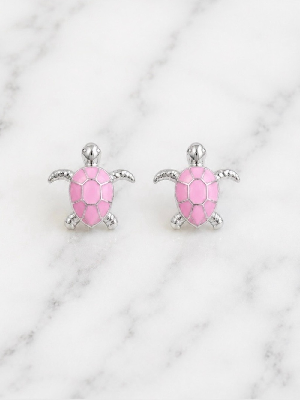Pink Turtle Stud Earrings - Silver Tone Hardware